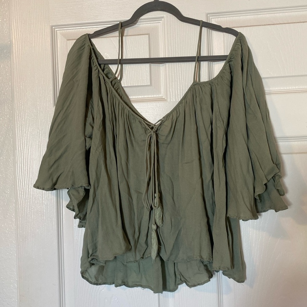Cotton Candy Olive Green Boho Off-Shoulder Tunic